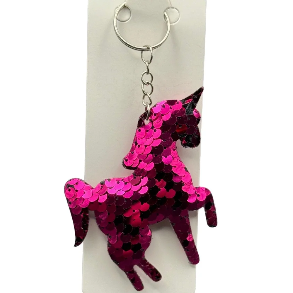 Pink Sequin Unicorn Keychain Sparkly Reversible Charm‎ Backpack Dangle Accessory